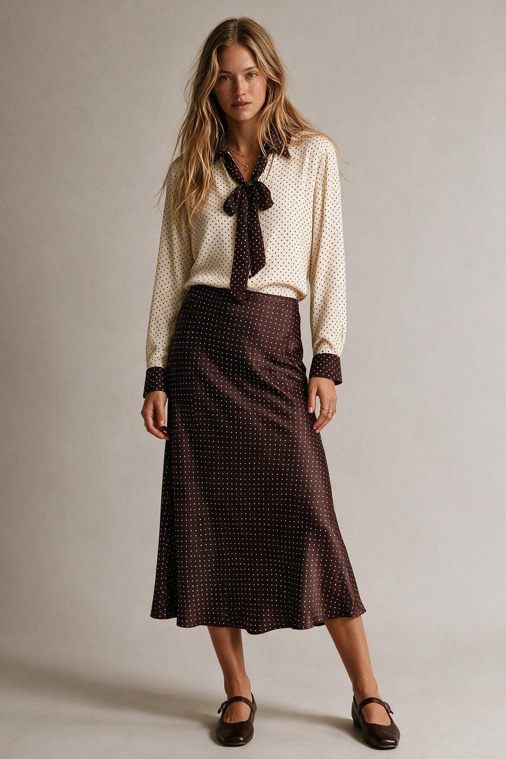 Burgundy Polka-Dot Print Lightweight satin Flared Midi Skirt no waistband