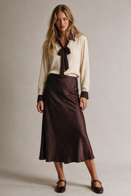 Burgundy Polka-Dot Print Lightweight satin Flared Midi Skirt no waistband - Skirts