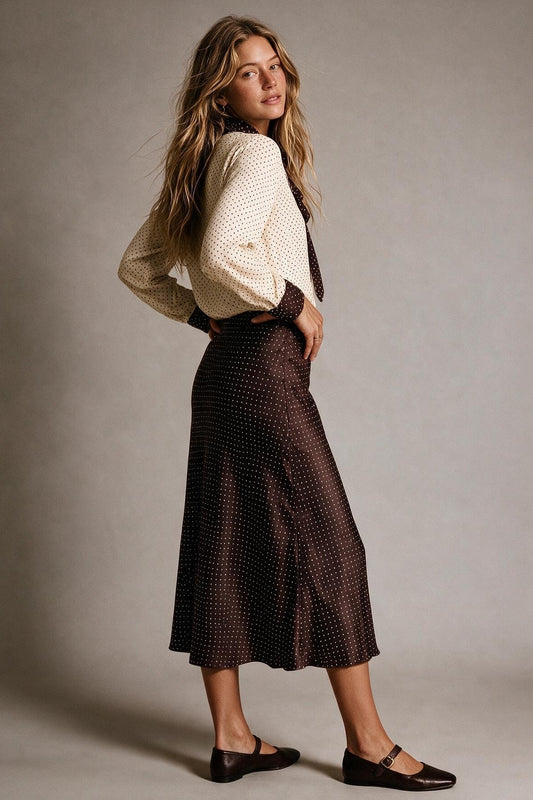 Burgundy Polka-Dot Print Lightweight satin Flared Midi Skirt no waistband - Skirts