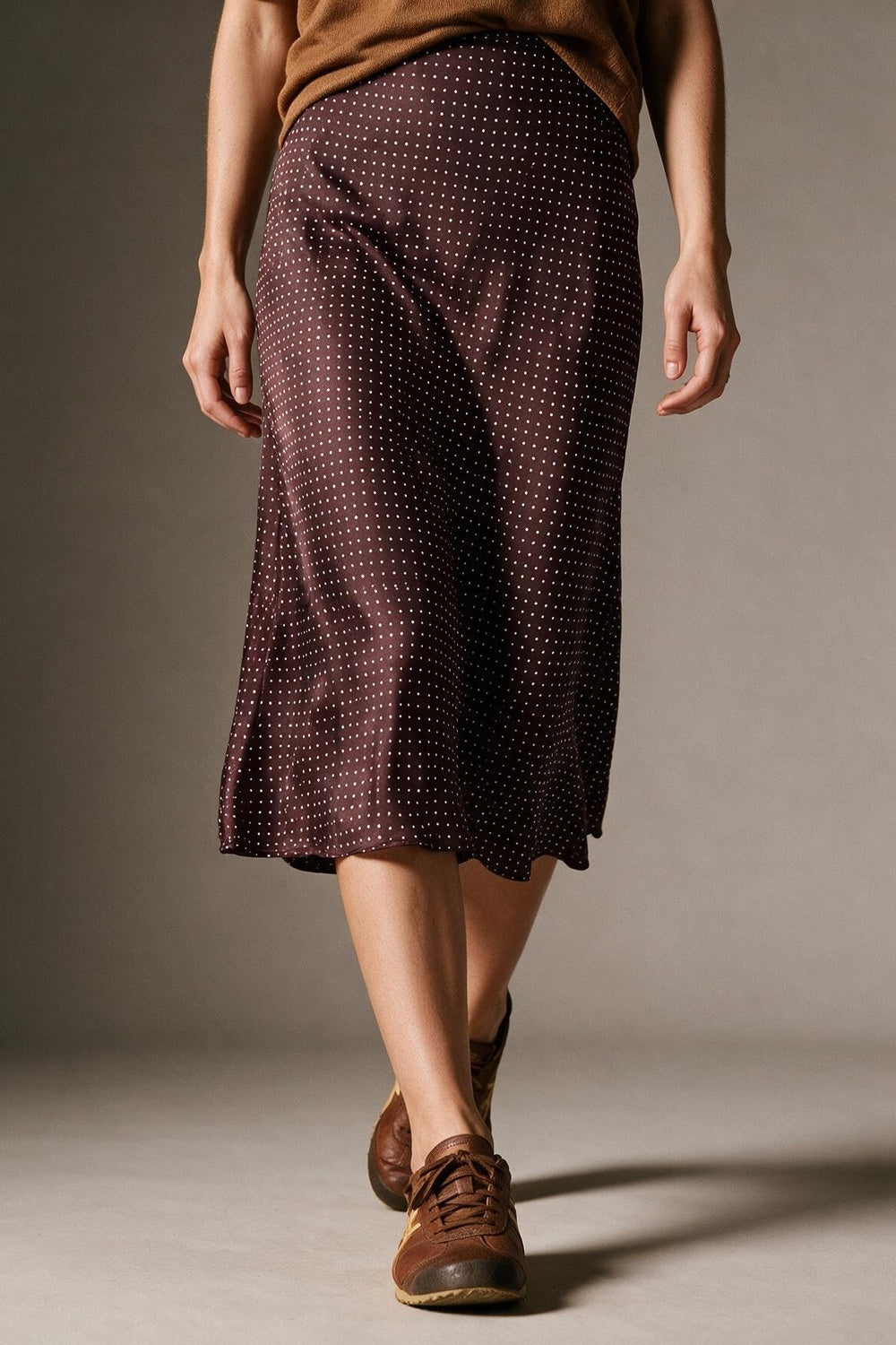 Burgundy Polka-Dot Print Lightweight satin Flared Midi Skirt no waistband - Skirts