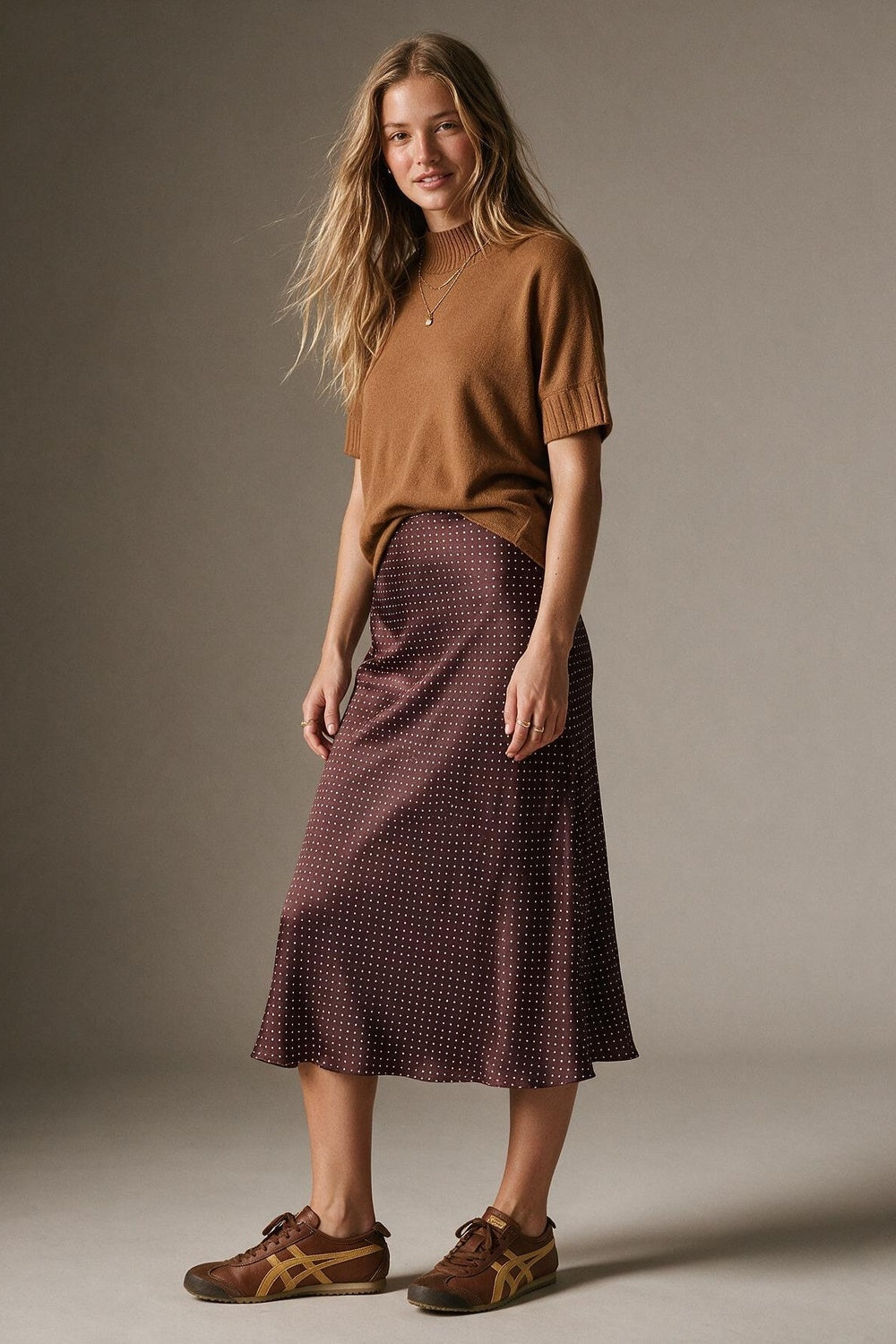 Burgundy Polka-Dot Print Lightweight satin Flared Midi Skirt no waistband - Skirts