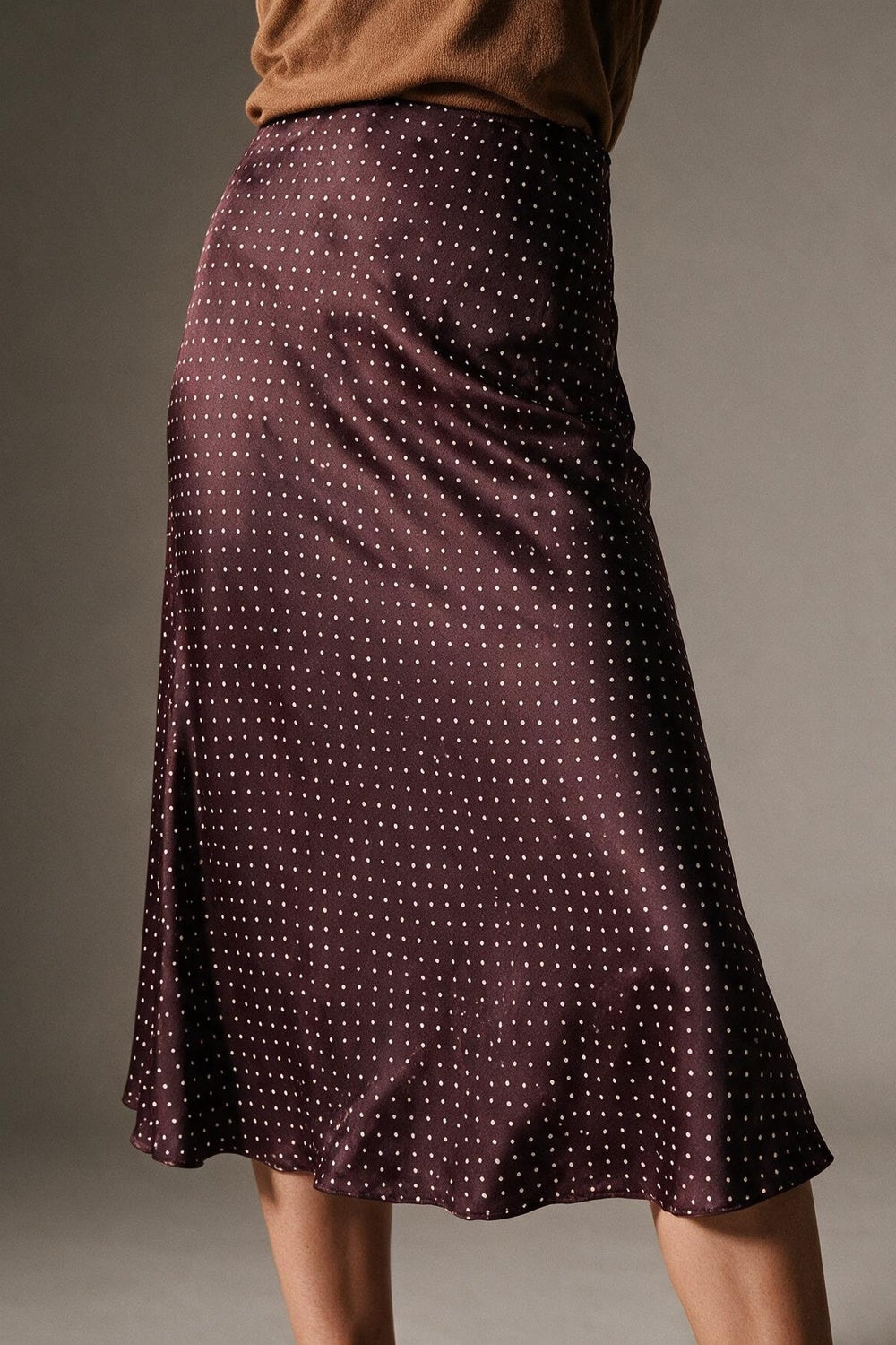 Burgundy Polka-Dot Print Lightweight satin Flared Midi Skirt no waistband - Skirts