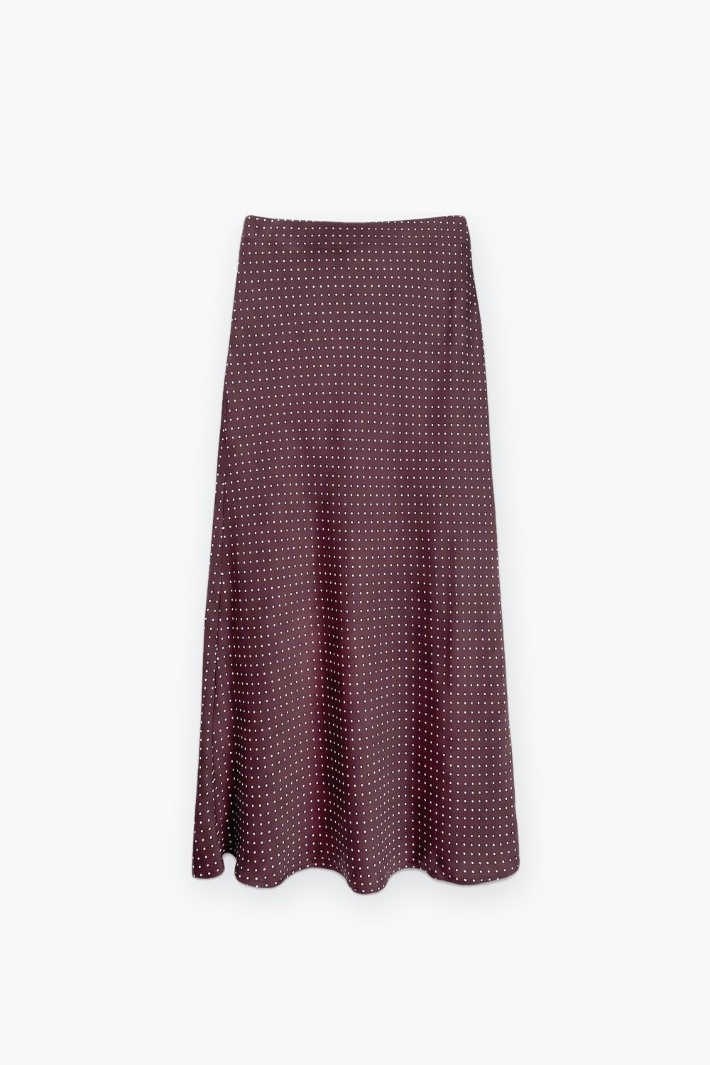 Burgundy Polka-Dot Print Lightweight satin Flared Midi Skirt no waistband - Skirts