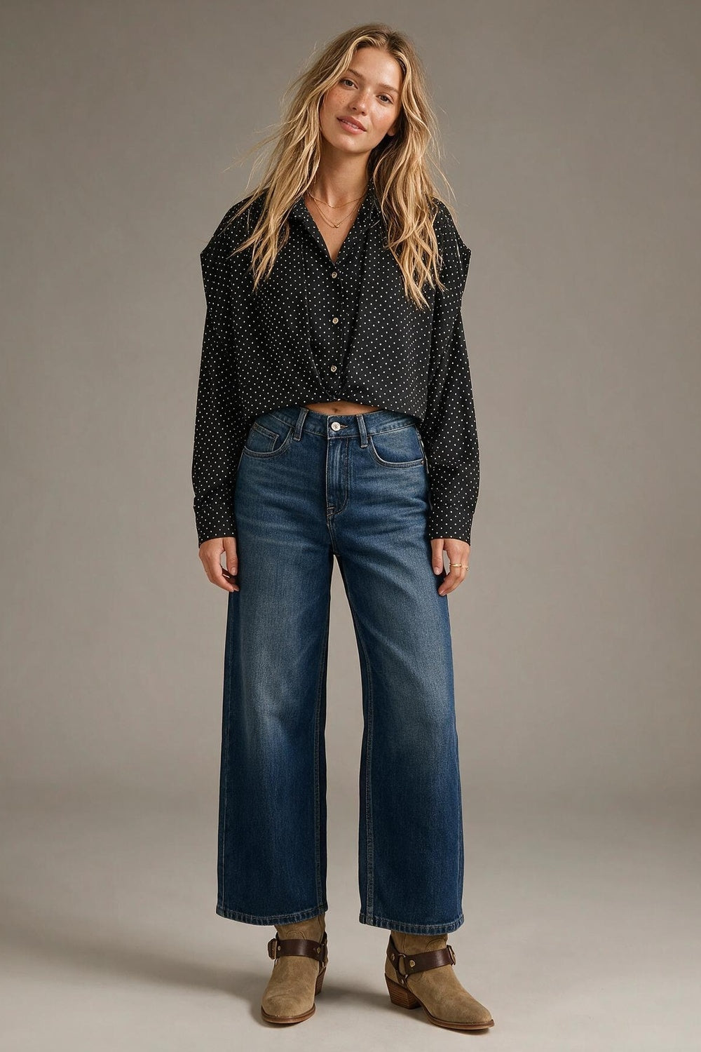 Black Polka-Dot Lightweight satin Cropped Button Shirt - Shirts
