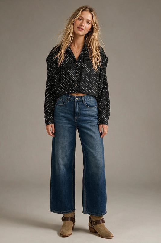 Black Polka-Dot Lightweight satin Cropped Button Shirt - Shirts