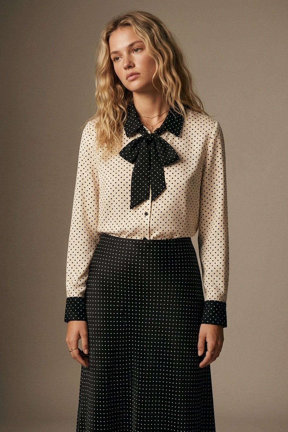 Cream Polka-Dot Lightweight satin black Contrast Tie Neck Blouse Shirt - Shirts