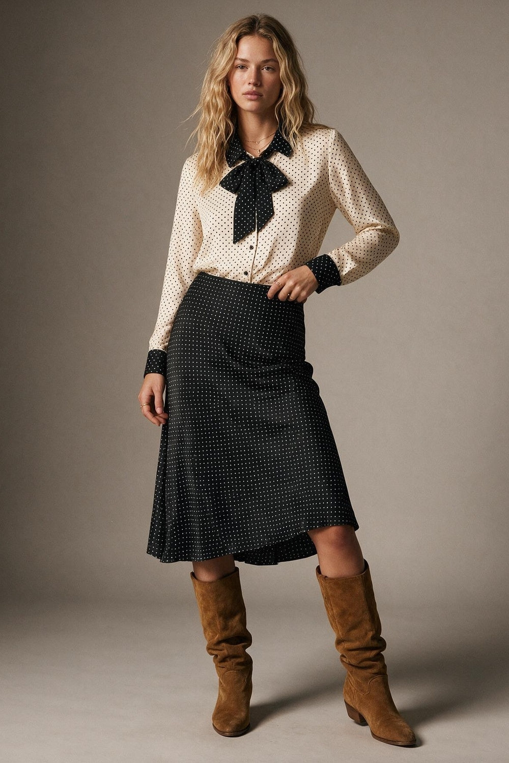 Cream Polka-Dot Lightweight satin black Contrast Tie Neck Blouse Shirt - Shirts