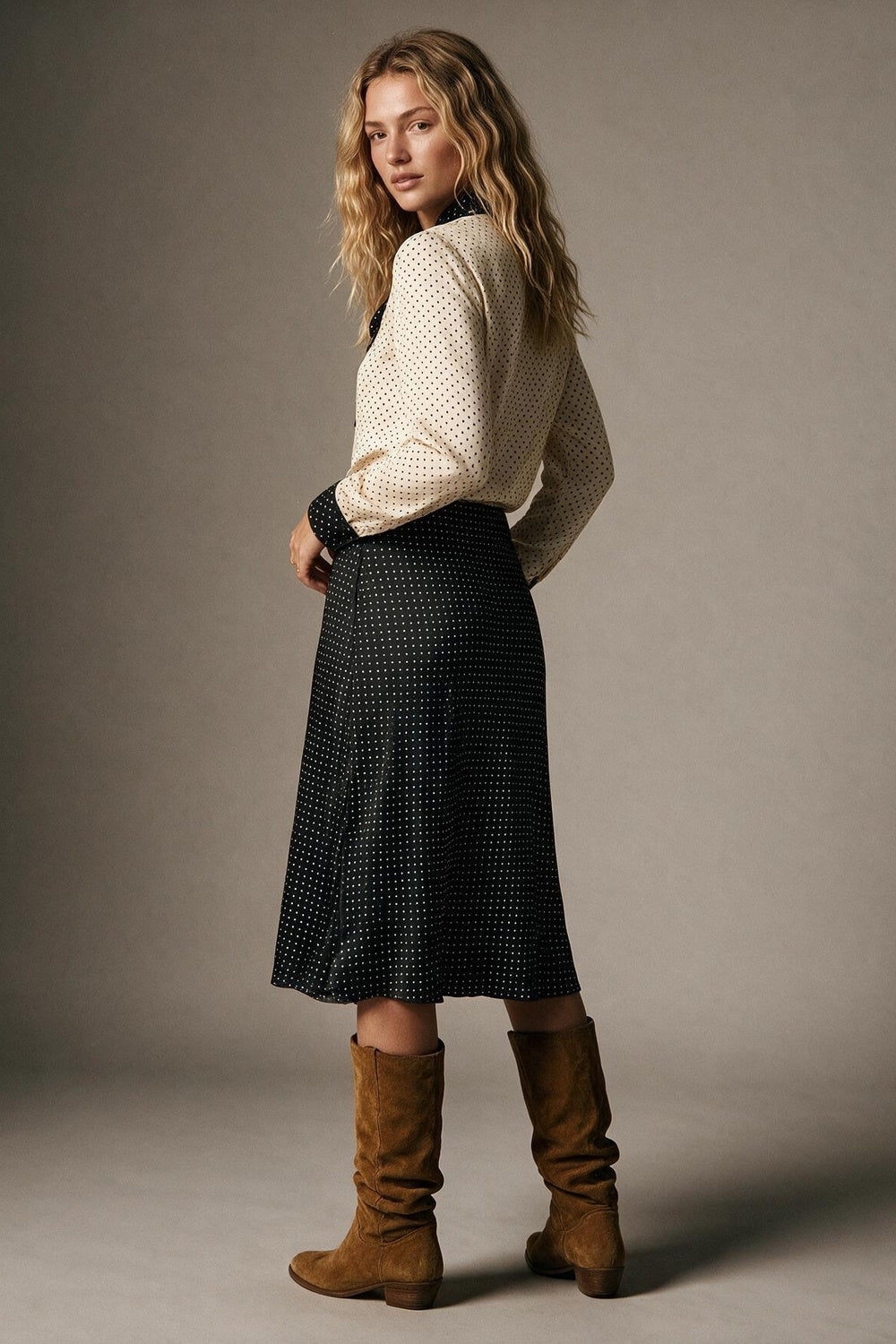 Cream Polka-Dot Lightweight satin black Contrast Tie Neck Blouse Shirt - Shirts