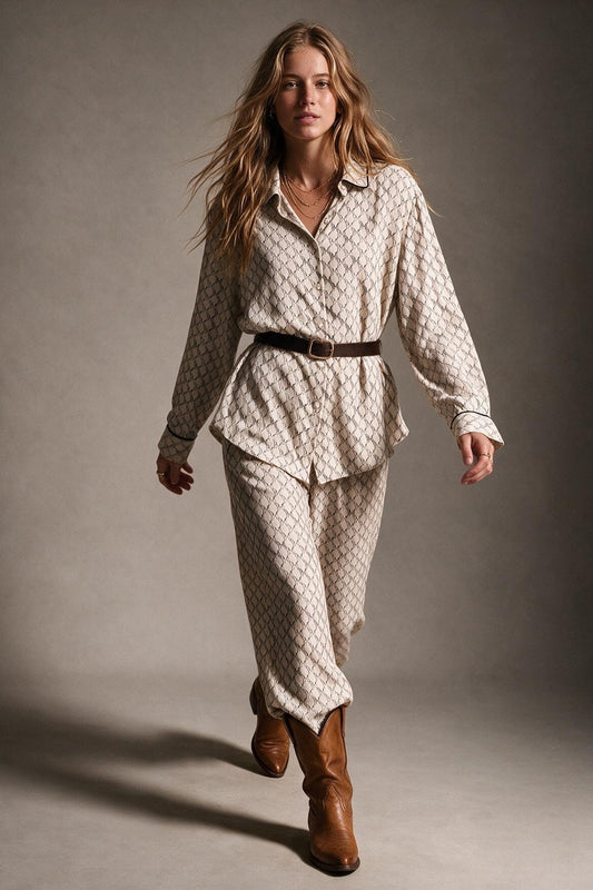 Cream Horse Print Lightweight Woven Piped Belted Shirt - Shirts