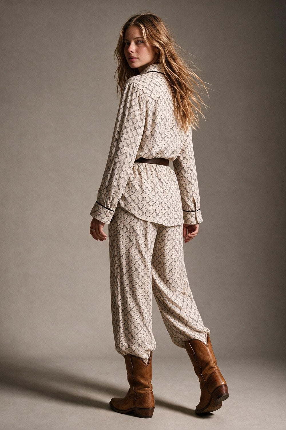 Cream Horse Print Lightweight Woven Piped Belted Shirt - Shirts