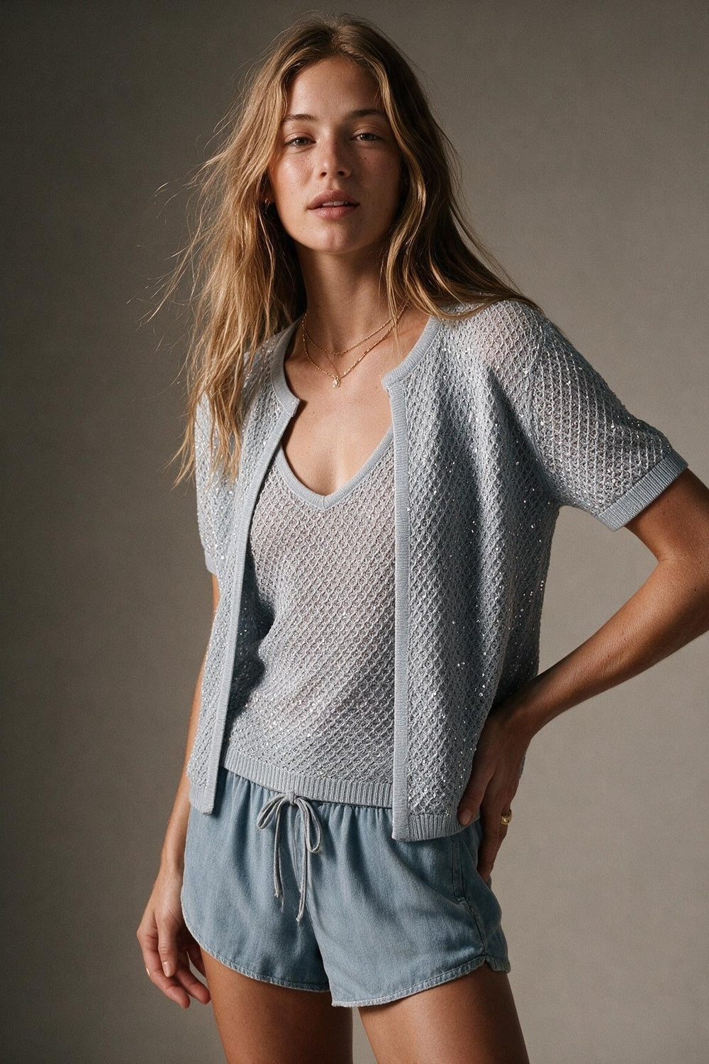 Light Blue Sequined knitted Crochet V Neck Cropped Tank Top - top