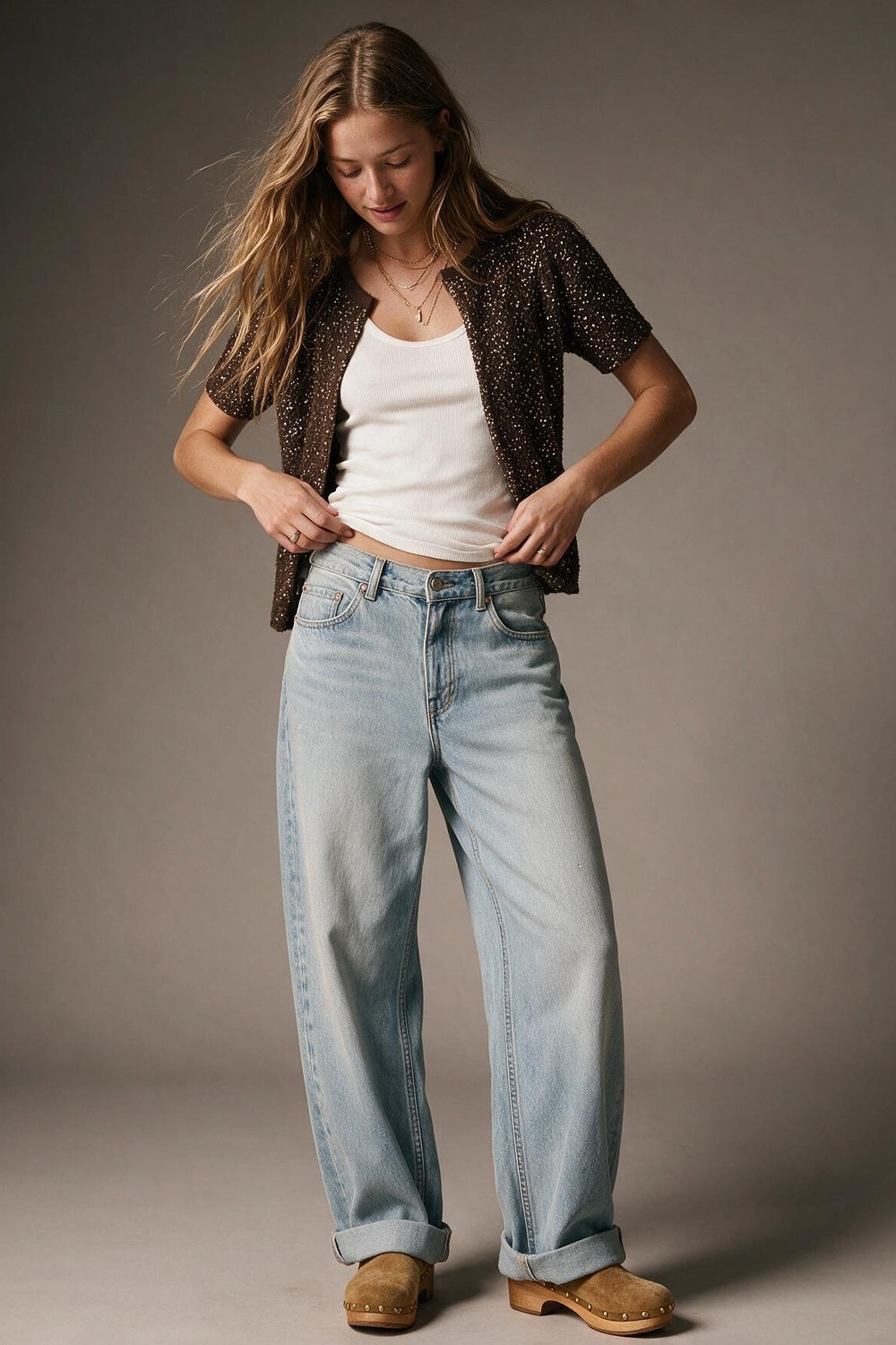 Brown Sequined Soft Knit Ribbed Trim Short Sleeve Cardigan - cardigan