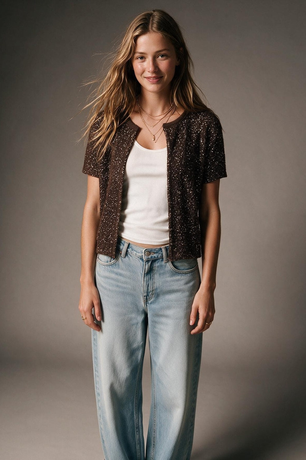 Brown Sequined Soft Knit Ribbed Trim Short Sleeve Cardigan - cardigan