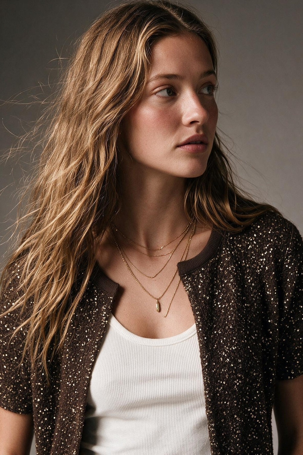 Brown Sequined Soft Knit Ribbed Trim Short Sleeve Cardigan - cardigan
