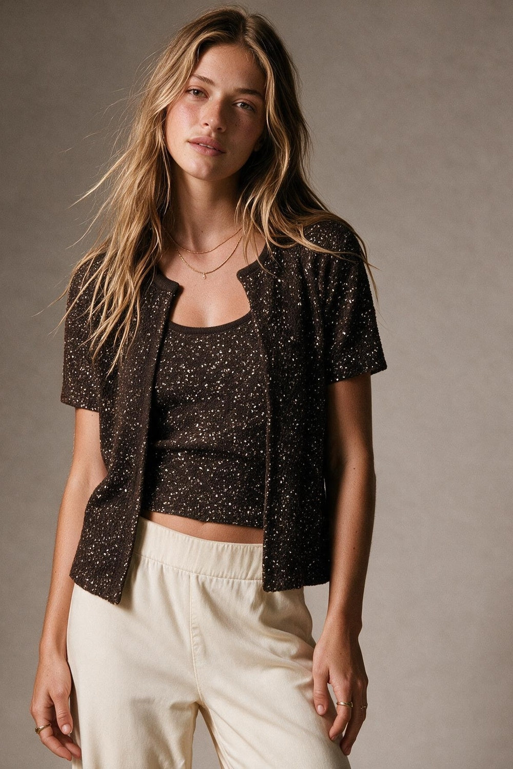 Brown Sequined Soft Knit Ribbed Trim Short Sleeve Cardigan - cardigan