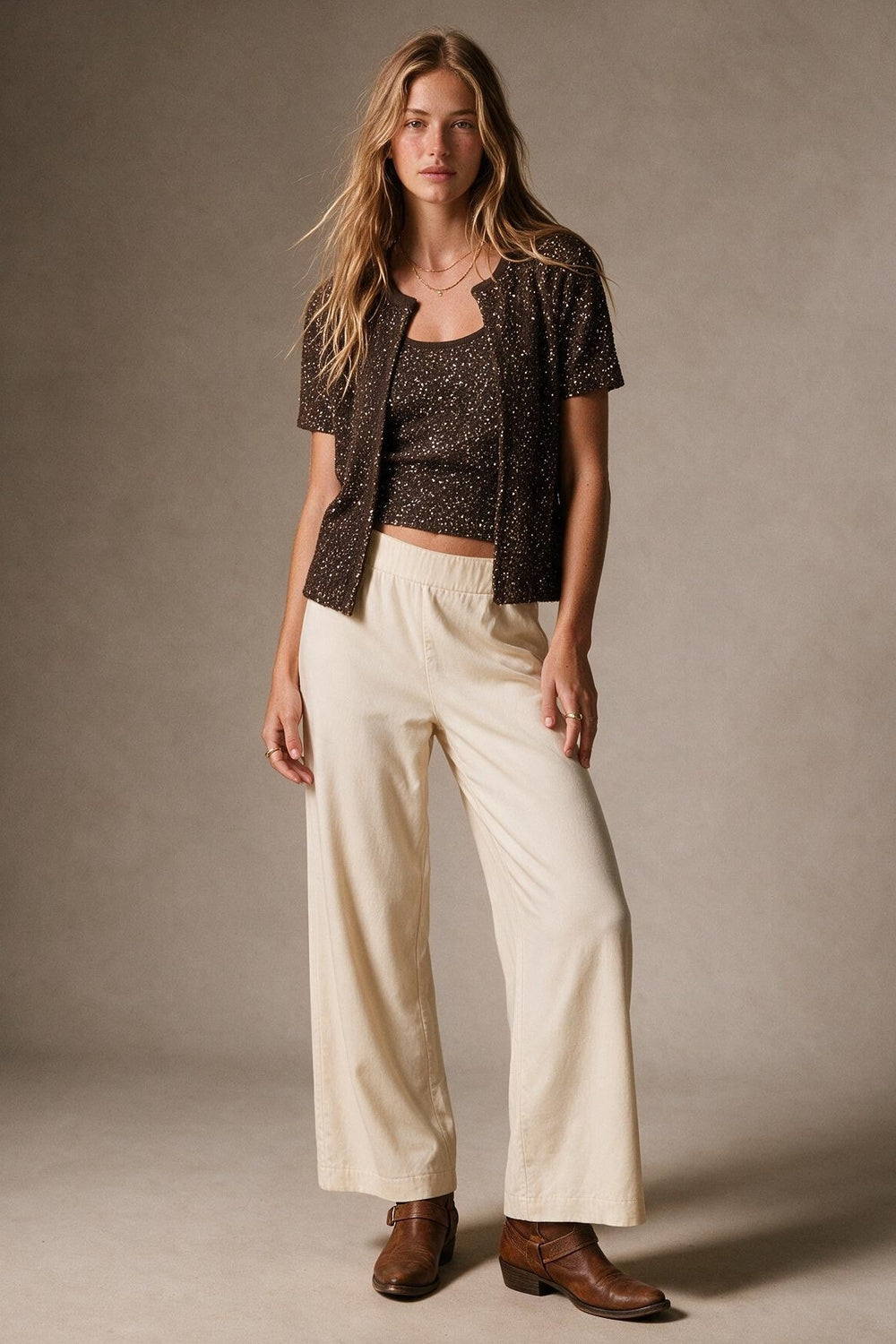 Brown Sequined Soft Knit Ribbed Trim Short Sleeve Cardigan - cardigan