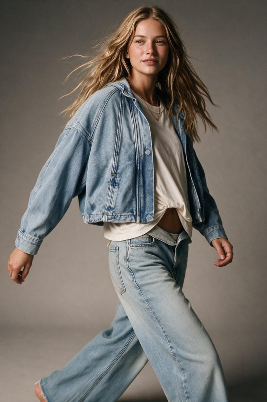 Light Wash Stand Collar Cropped Denim vintage Jacket - blazer