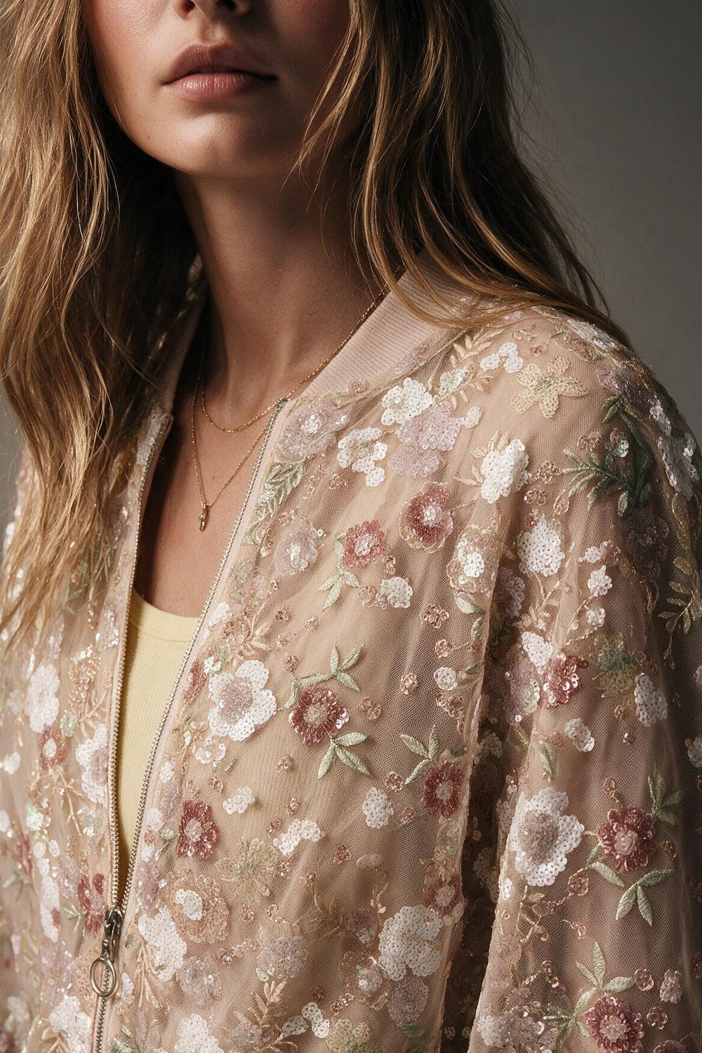 Beige Floral Sequined Sheer Zip Front Bomber Jacket - blazer