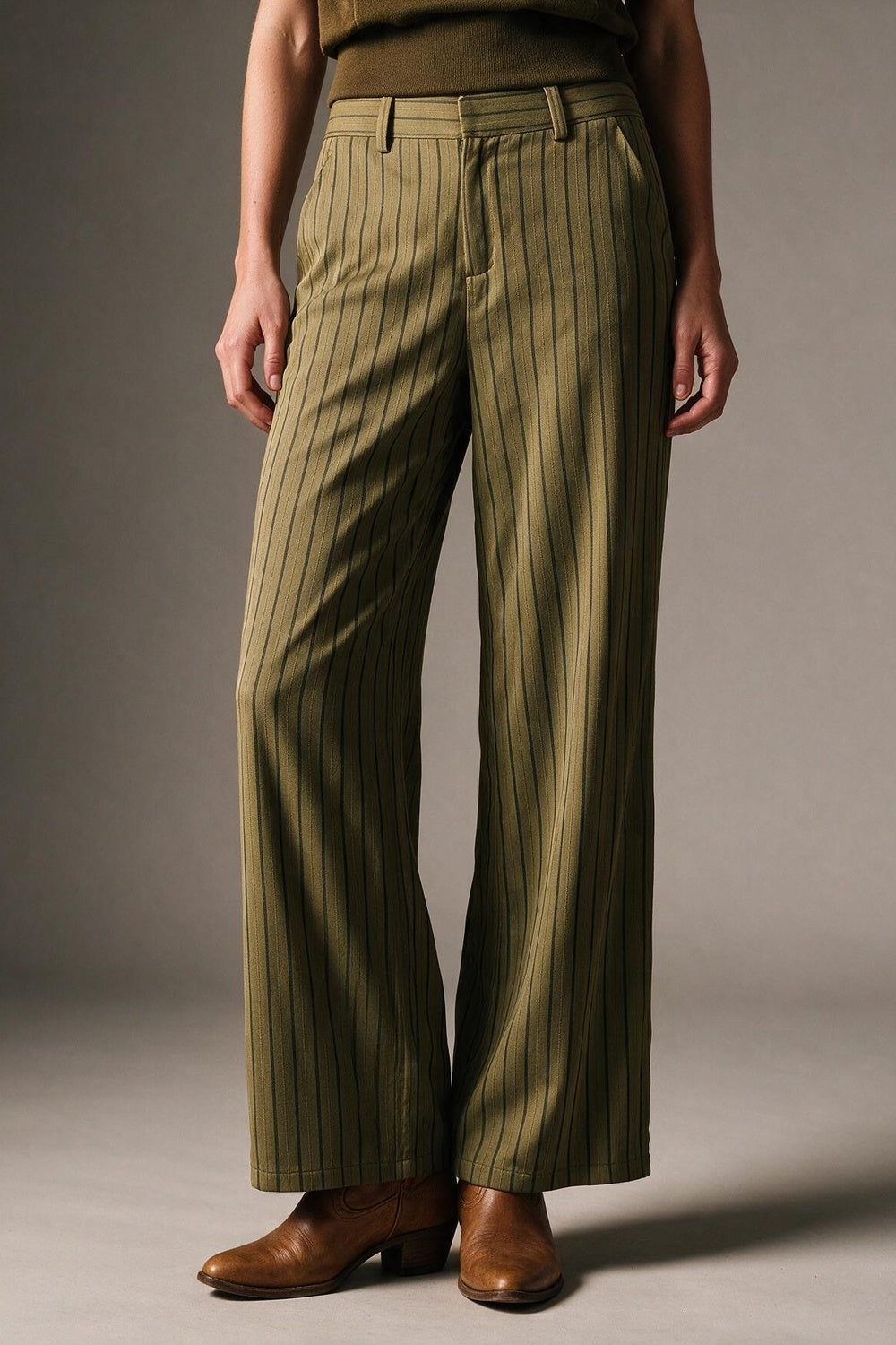 Olive Stripe Woven Wide Leg High Waist Pants in satin fabric - trousers