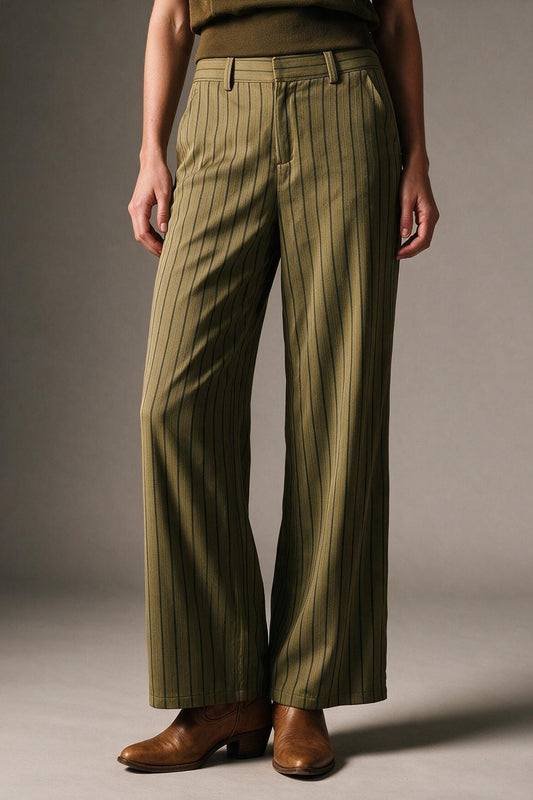 Olive Stripe Woven Wide Leg High Waist Pants in satin fabric - trousers