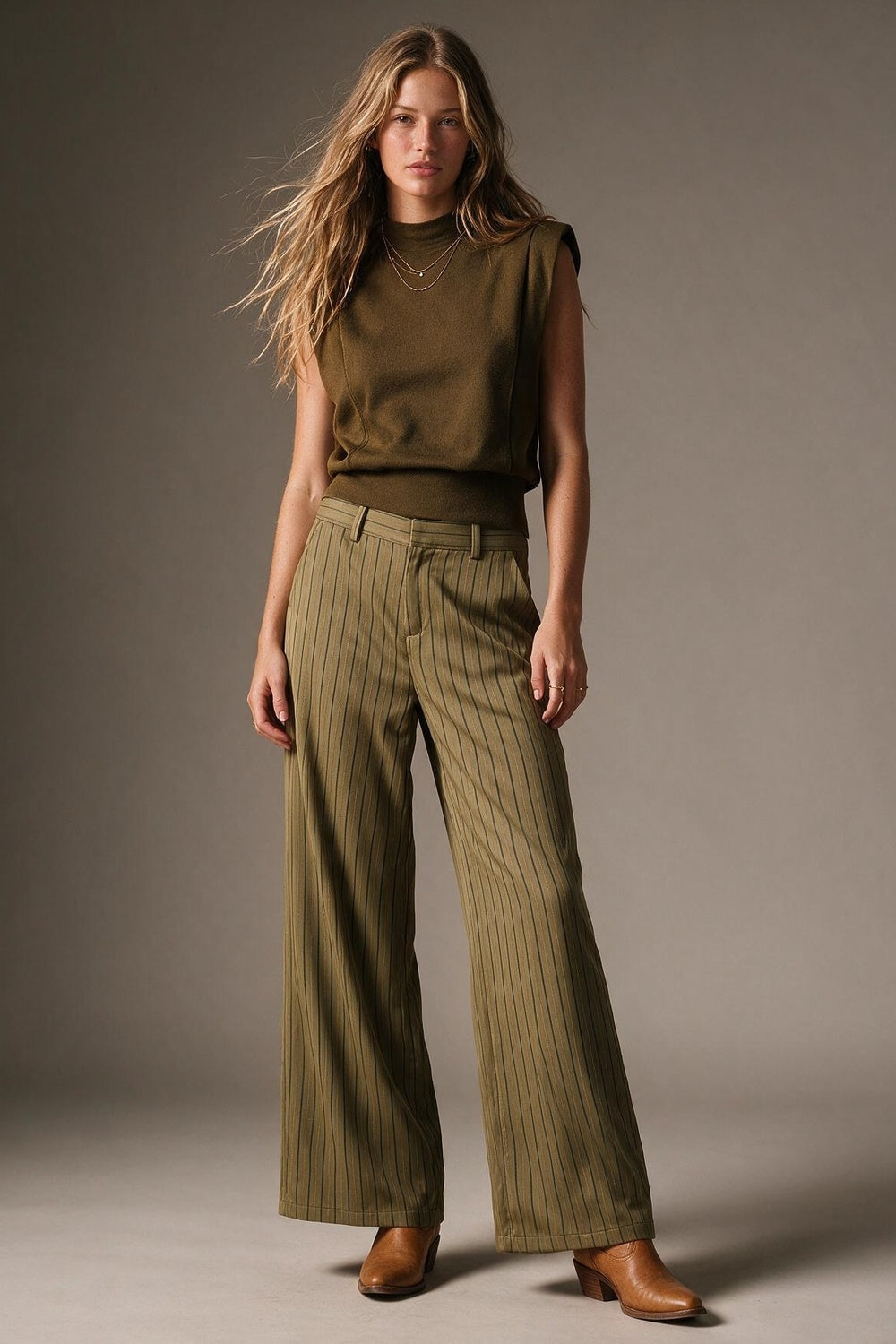 Olive Stripe Woven Wide Leg High Waist Pants in satin fabric - trousers