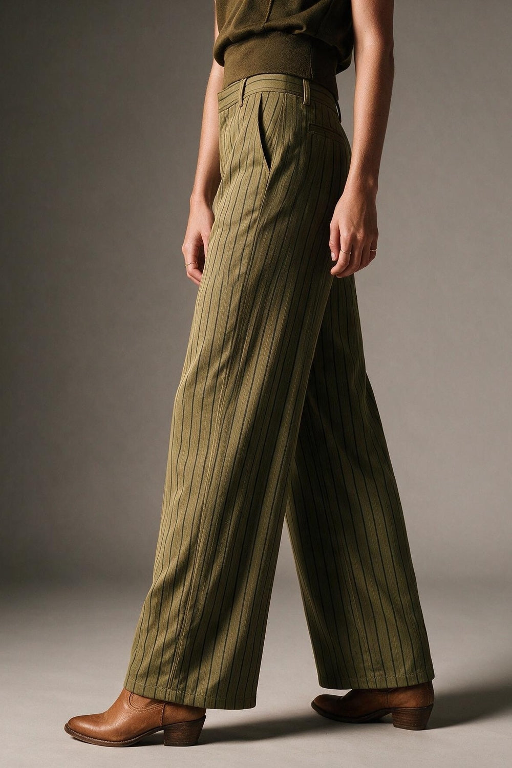 Olive Stripe Woven Wide Leg High Waist Pants in satin fabric - trousers