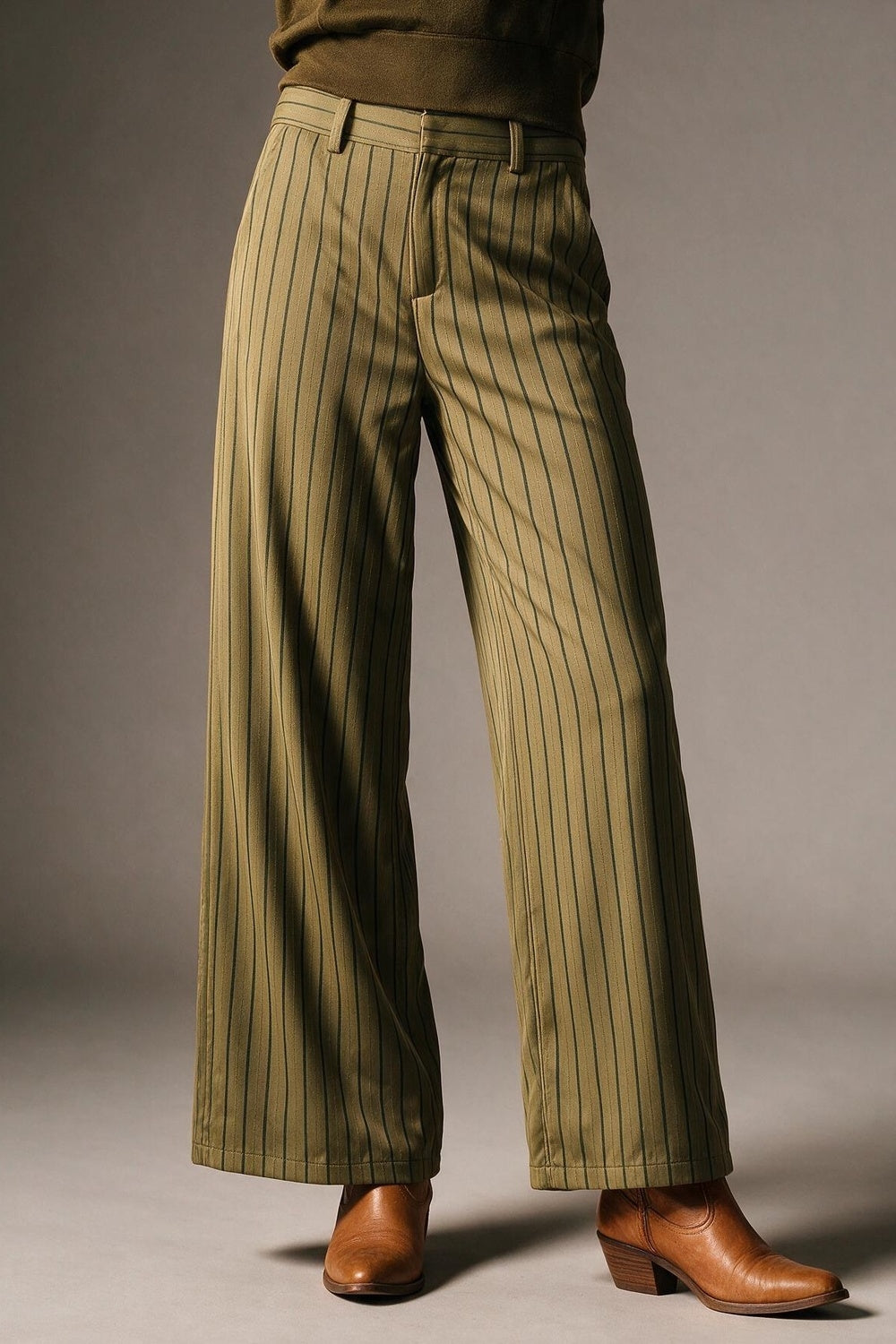 Olive Stripe Woven Wide Leg High Waist Pants in satin fabric - trousers