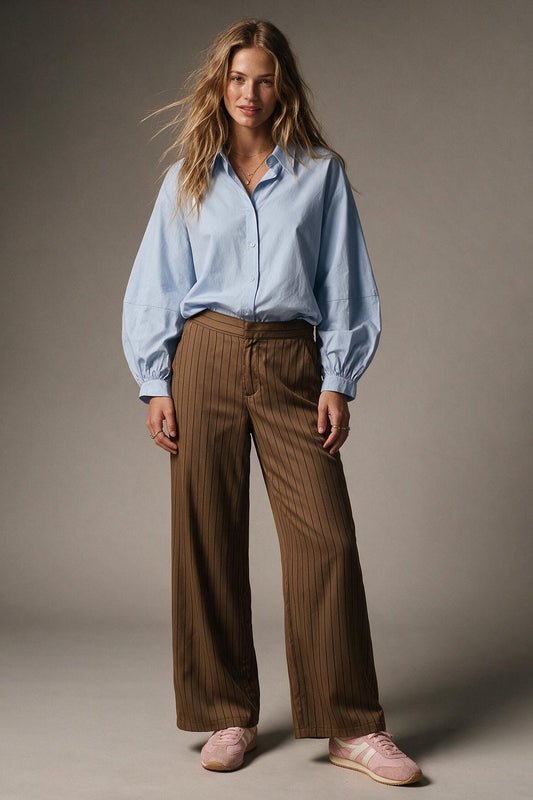 Brown Pinstripe Flat Front Wide Leg Pants in satin fabric - trousers