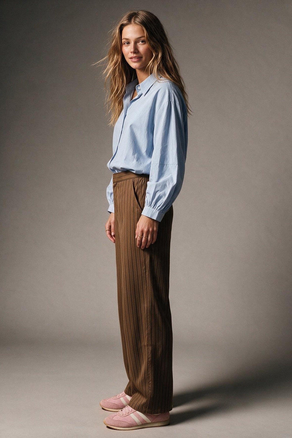 Brown Pinstripe Flat Front Wide Leg Pants in satin fabric - trousers