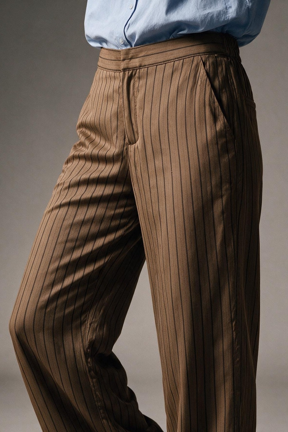 Brown Pinstripe Flat Front Wide Leg Pants in satin fabric - trousers