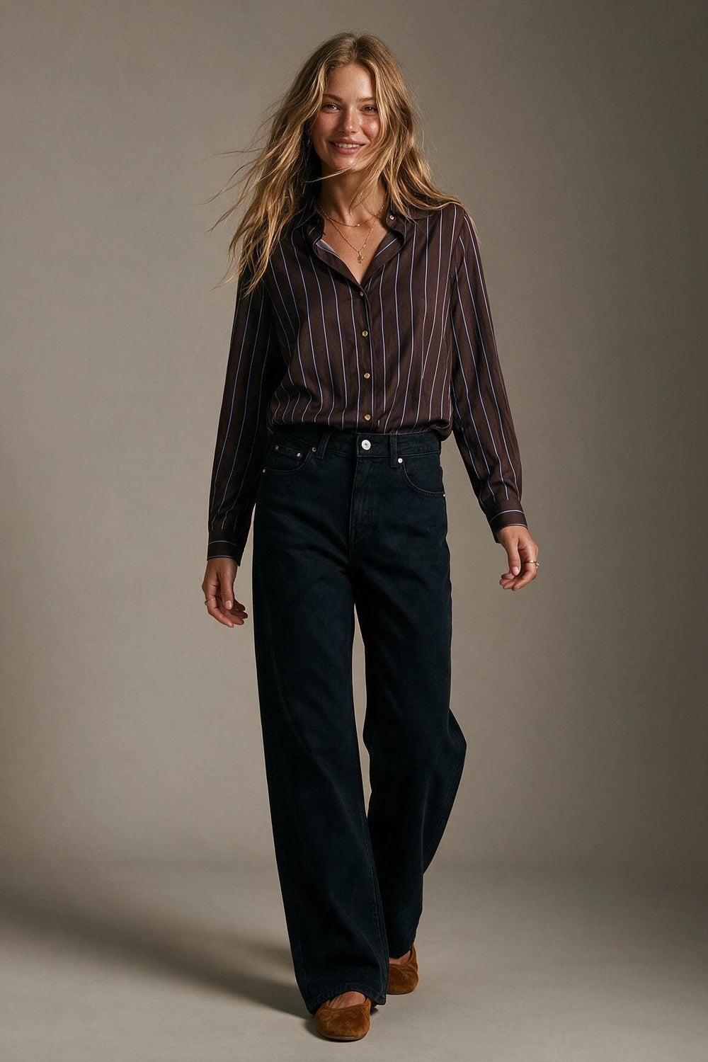 Brown Lightweight Woven Collared Button Cuff Shirt with Stripe in blue - Shirts