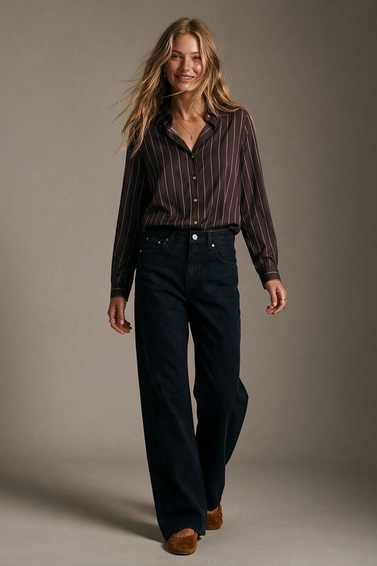 Brown Lightweight Woven Collared Button Cuff Shirt with Stripe in blue - Shirts