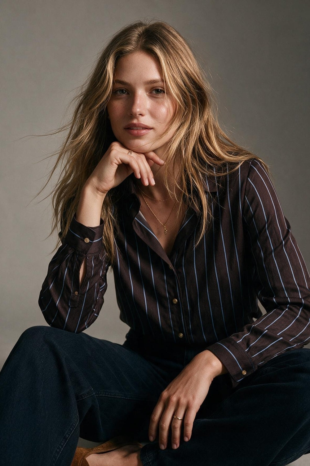 Brown Lightweight Woven Collared Button Cuff Shirt with Stripe in blue - Shirts