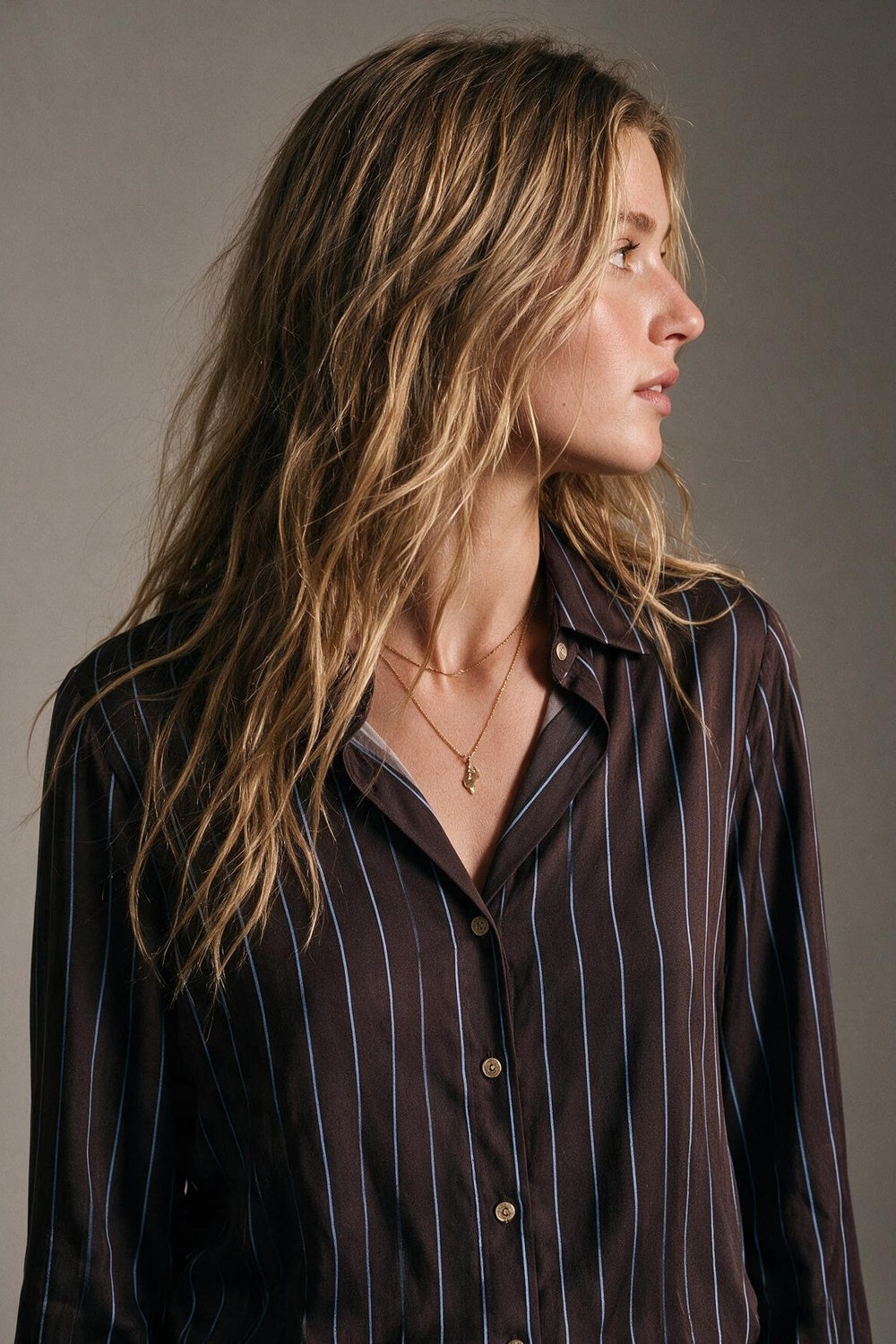 Brown Lightweight Woven Collared Button Cuff Shirt with Stripe in blue - Shirts