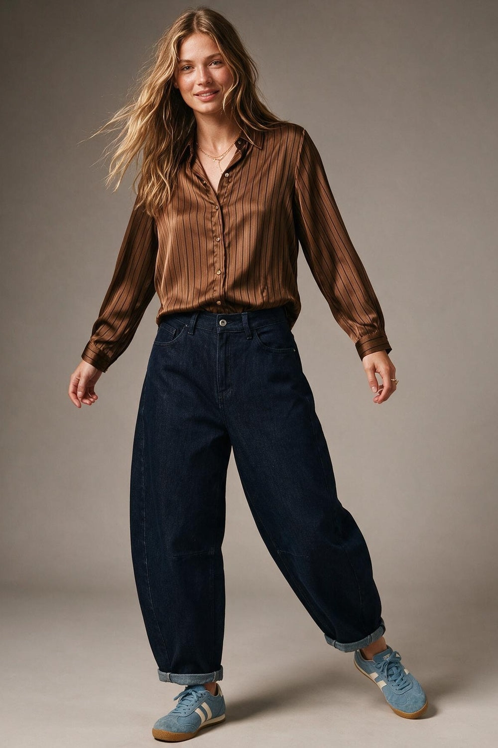 Brown Pinstripe Satin Gold Button Long Sleeve Shirt in satin fabric - Shirts