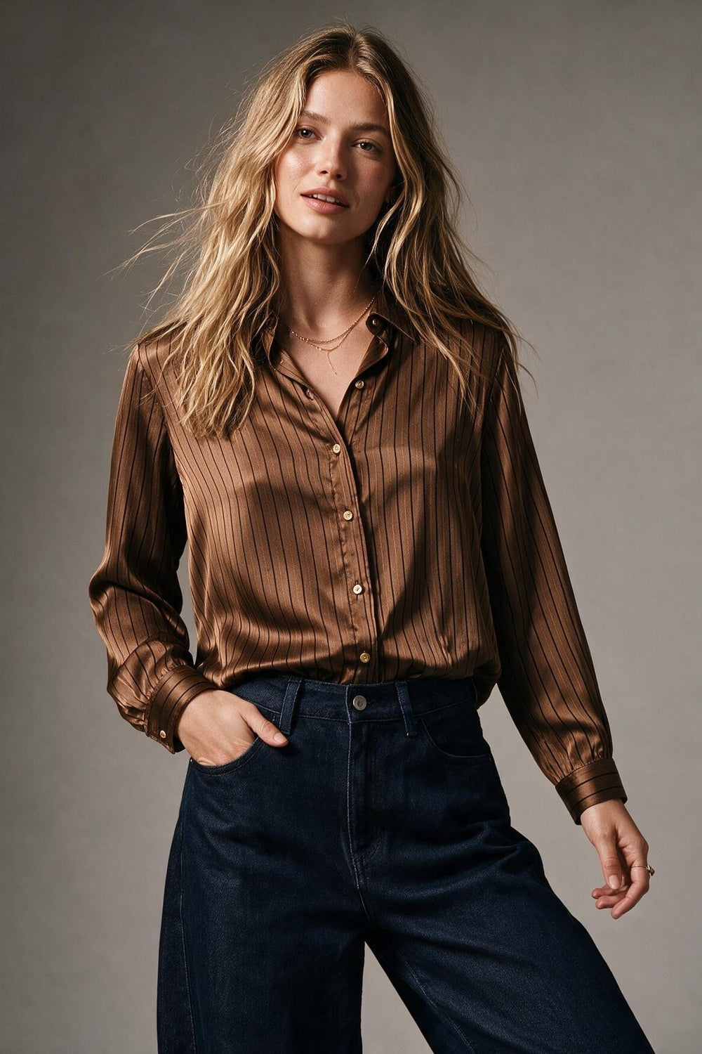 Brown Pinstripe Satin Gold Button Long Sleeve Shirt in satin fabric - Shirts
