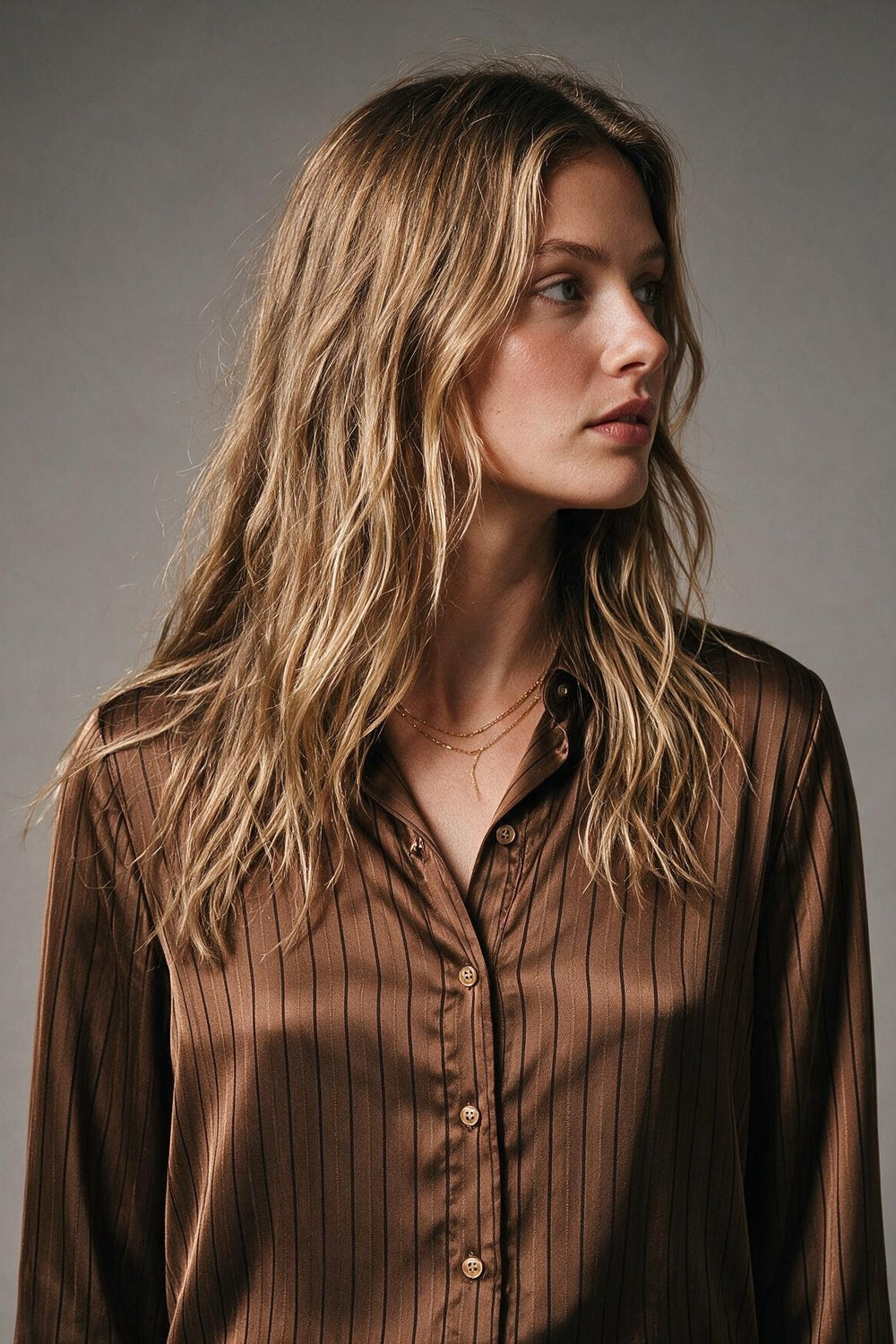 Brown Pinstripe Satin Gold Button Long Sleeve Shirt in satin fabric - Shirts