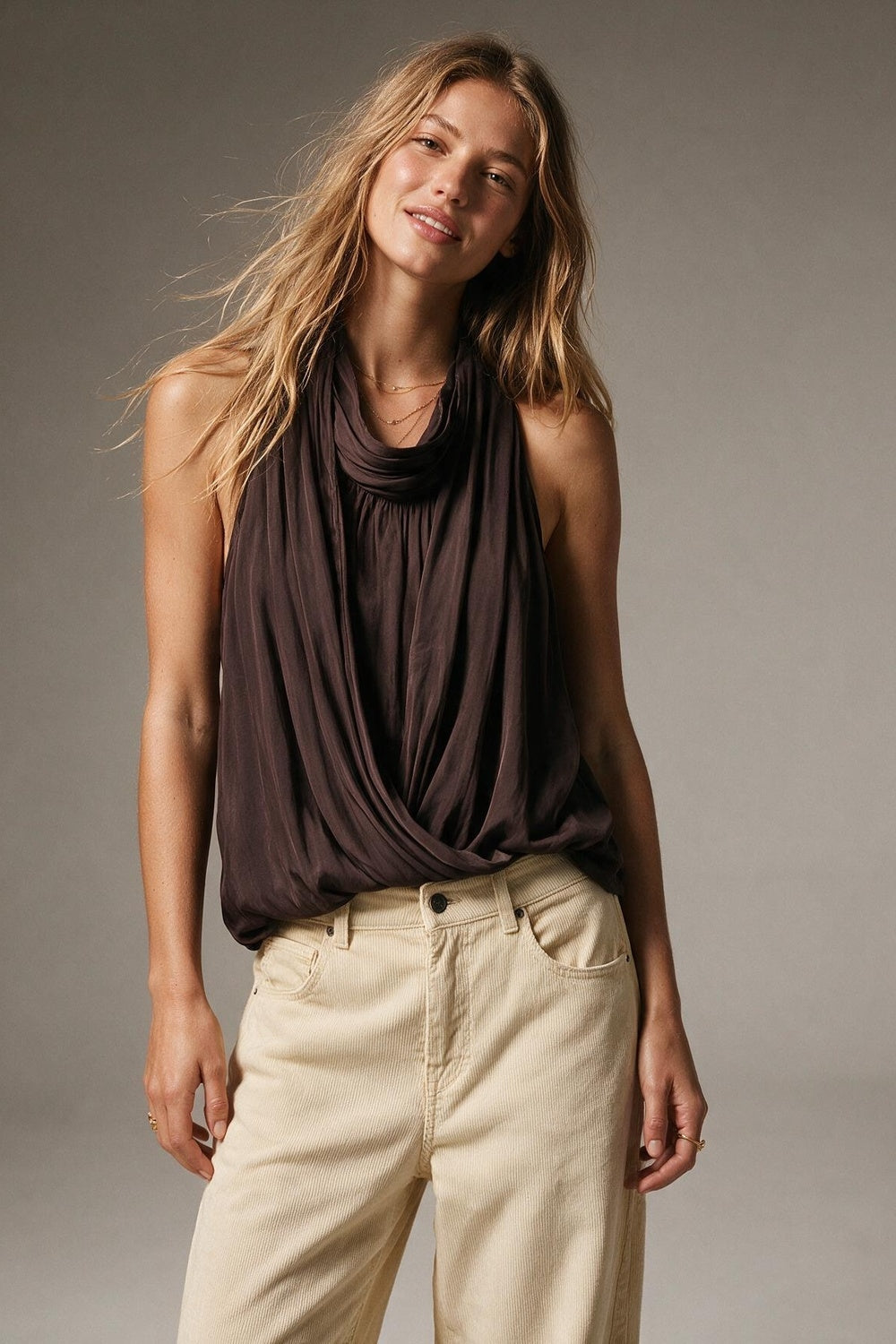 Brown satin Lightweight Woven Draped Halter Cowl Neck Top - top