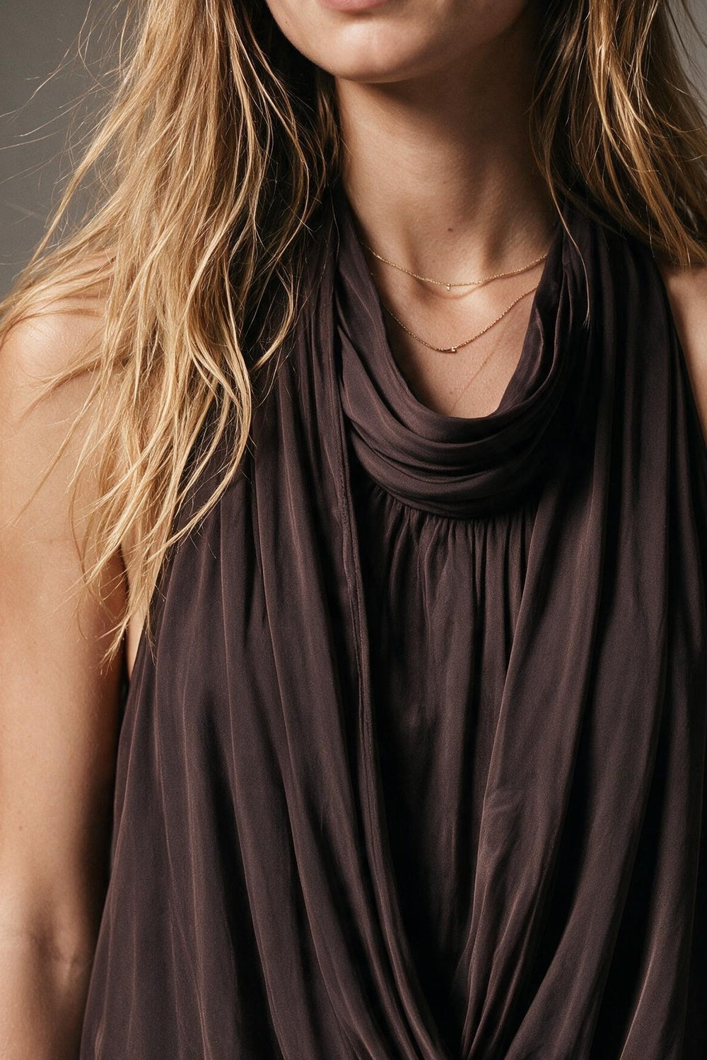 Brown satin Lightweight Woven Draped Halter Cowl Neck Top - top