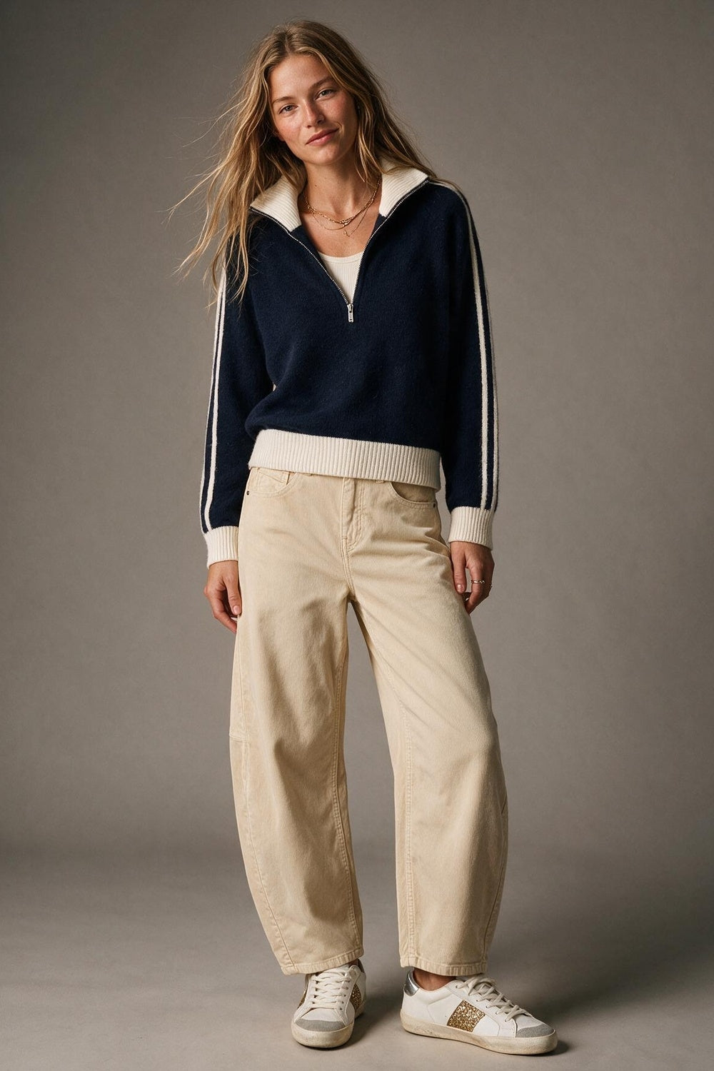 Navy Striped chunky Brushed Knit Contrast Collar Half Zip Sweater - jumper