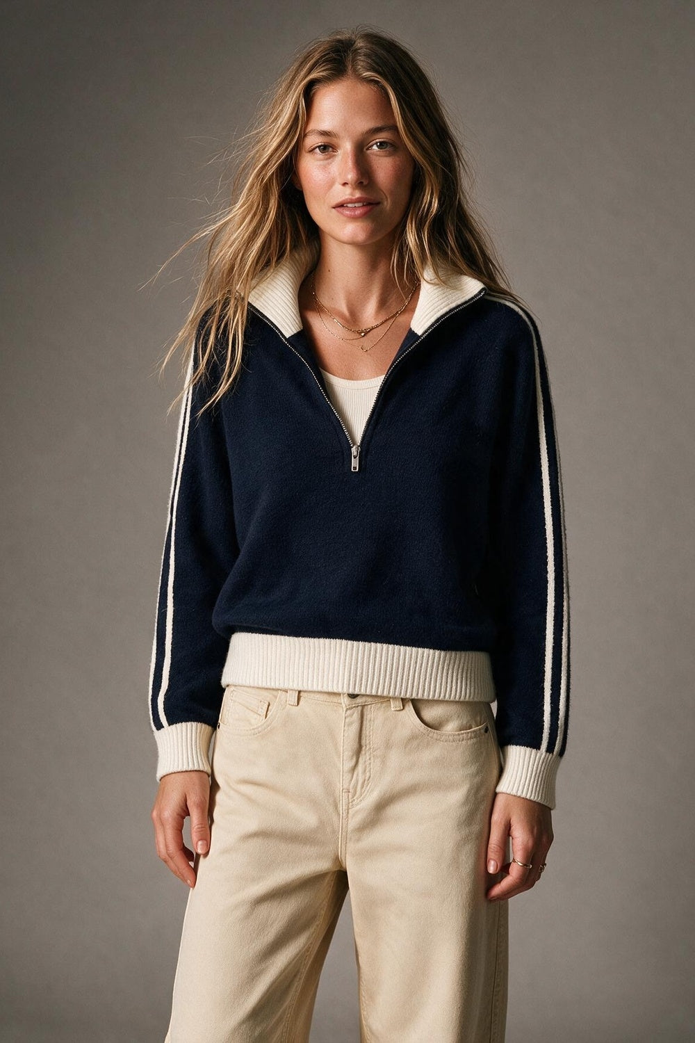 Navy Striped chunky Brushed Knit Contrast Collar Half Zip Sweater - jumper