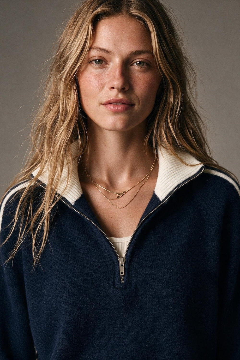 Navy Striped chunky Brushed Knit Contrast Collar Half Zip Sweater - jumper