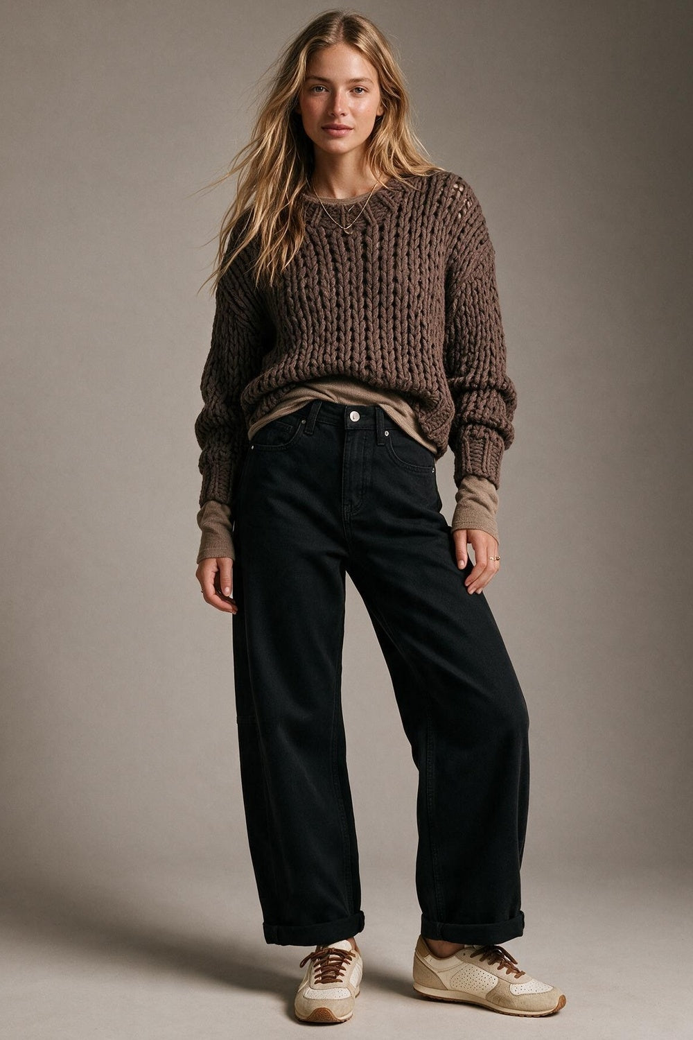 Brown Chunky Knit Open Stitch Rib Trim Sweater - jumper