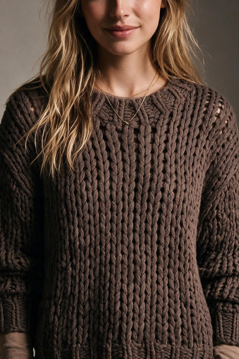 Brown Chunky Knit Open Stitch Rib Trim Sweater - jumper
