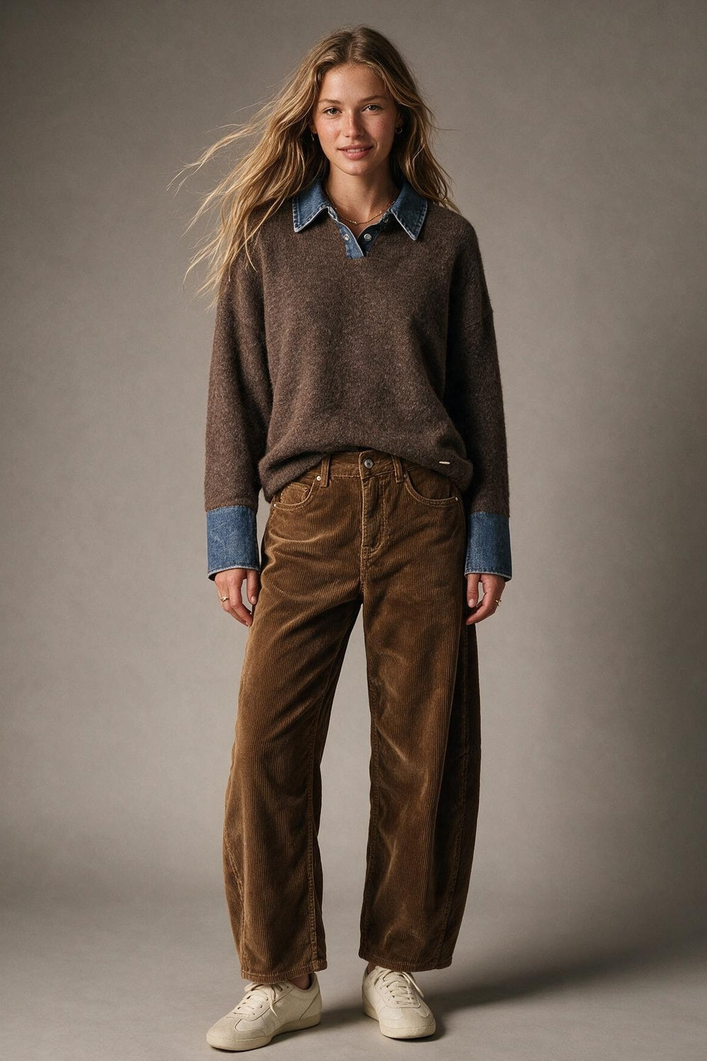Brown Brushed Knit Denim Collar Button Placket Sweater - jumper
