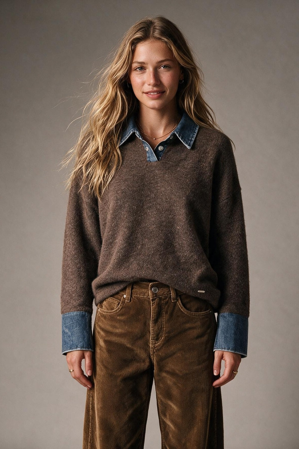 Brown Brushed Knit Denim Collar Button Placket Sweater - jumper
