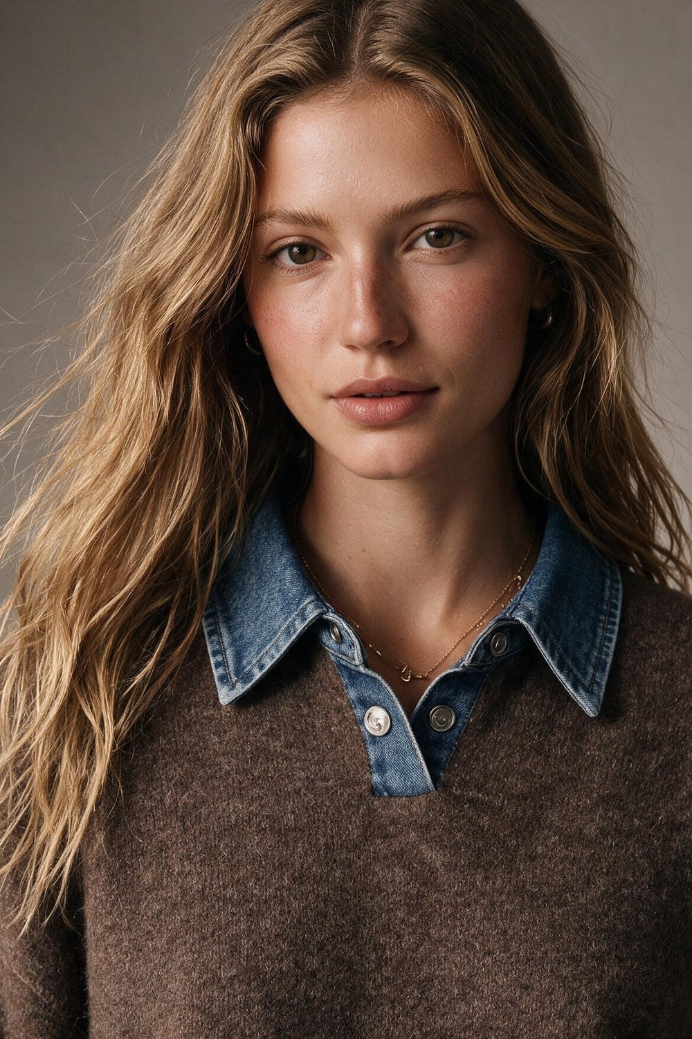 Brown Brushed Knit Denim Collar Button Placket Sweater - jumper