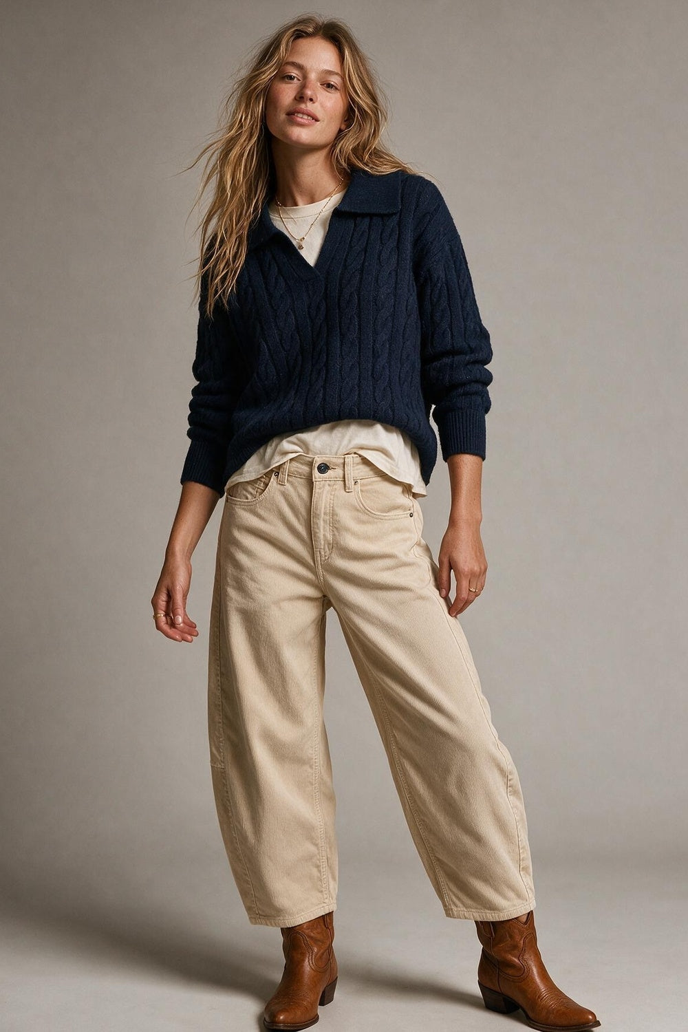 Navy Cable fluffy Knit Polo Collar V-Neck Sweater - jumper