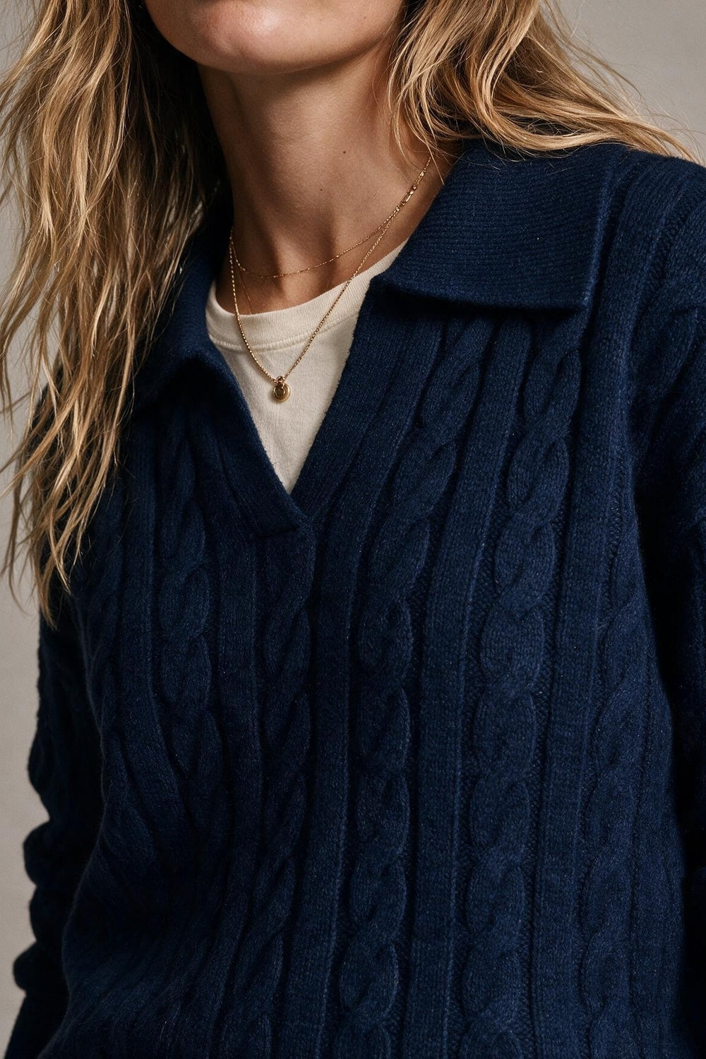 Navy Cable fluffy Knit Polo Collar V-Neck Sweater - jumper