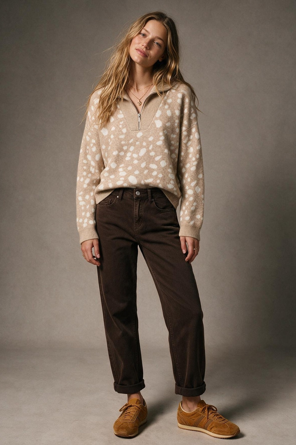 Beige Spotted Animal Print Soft fluffy Knit Half Zip Sweater - jumper